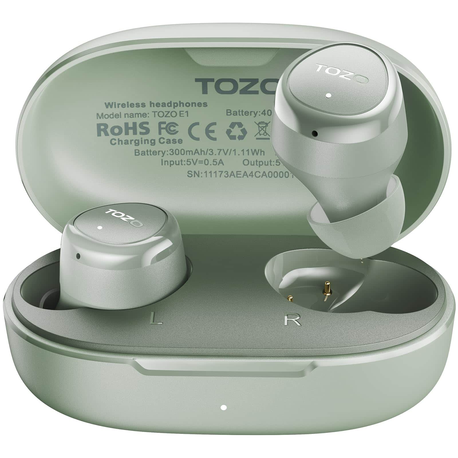 TOZO Wireless headphones  
Model name: TOZO E1  
Battery: 40  
RoHS FC CE  
Charging Case  
Battery: 300mAh/3.7V/1.11Wh  
Input: 5V=0.5A  
Output: 5  
SN: 11173AEA4CA0000  
TOZO L R