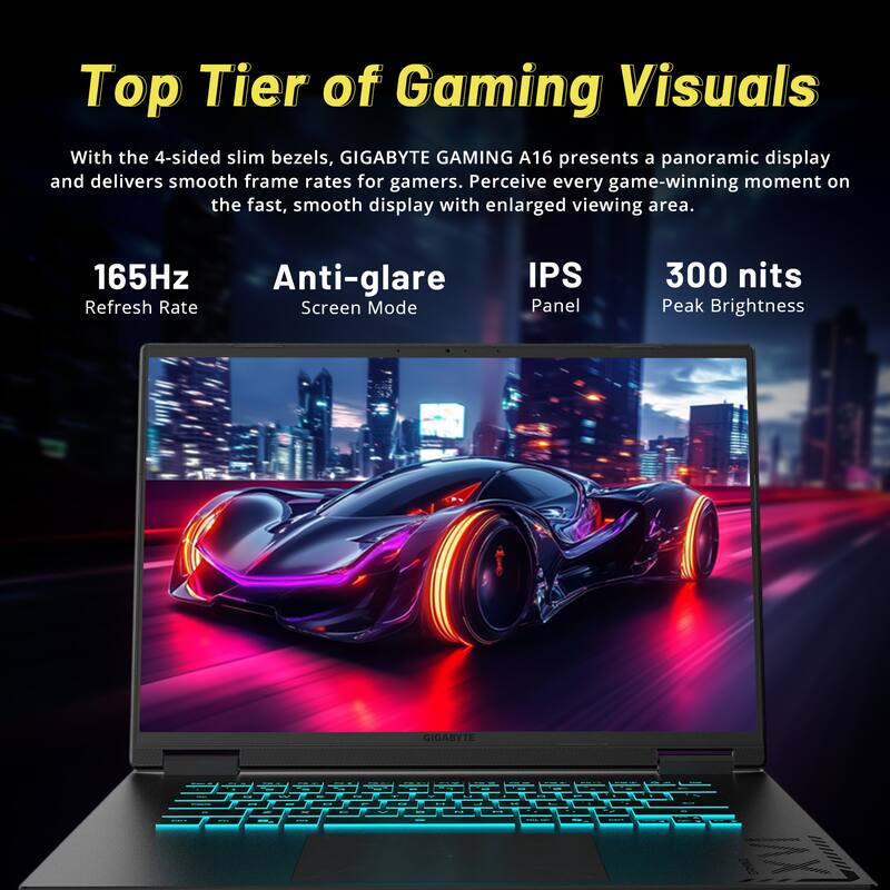 Top Tier of Gaming Visuals

With the 4-sided slim bezels, GIGABYTE GAMING A16 presents a panoramic display and delivers smooth frame rates for gamers. Perceive every game-winning moment on the fast, smooth display with enlarged viewing area.

- 165Hz Refresh Rate
- Anti-glare Screen Mode
- IPS Panel
- 300 nits Peak Brightness