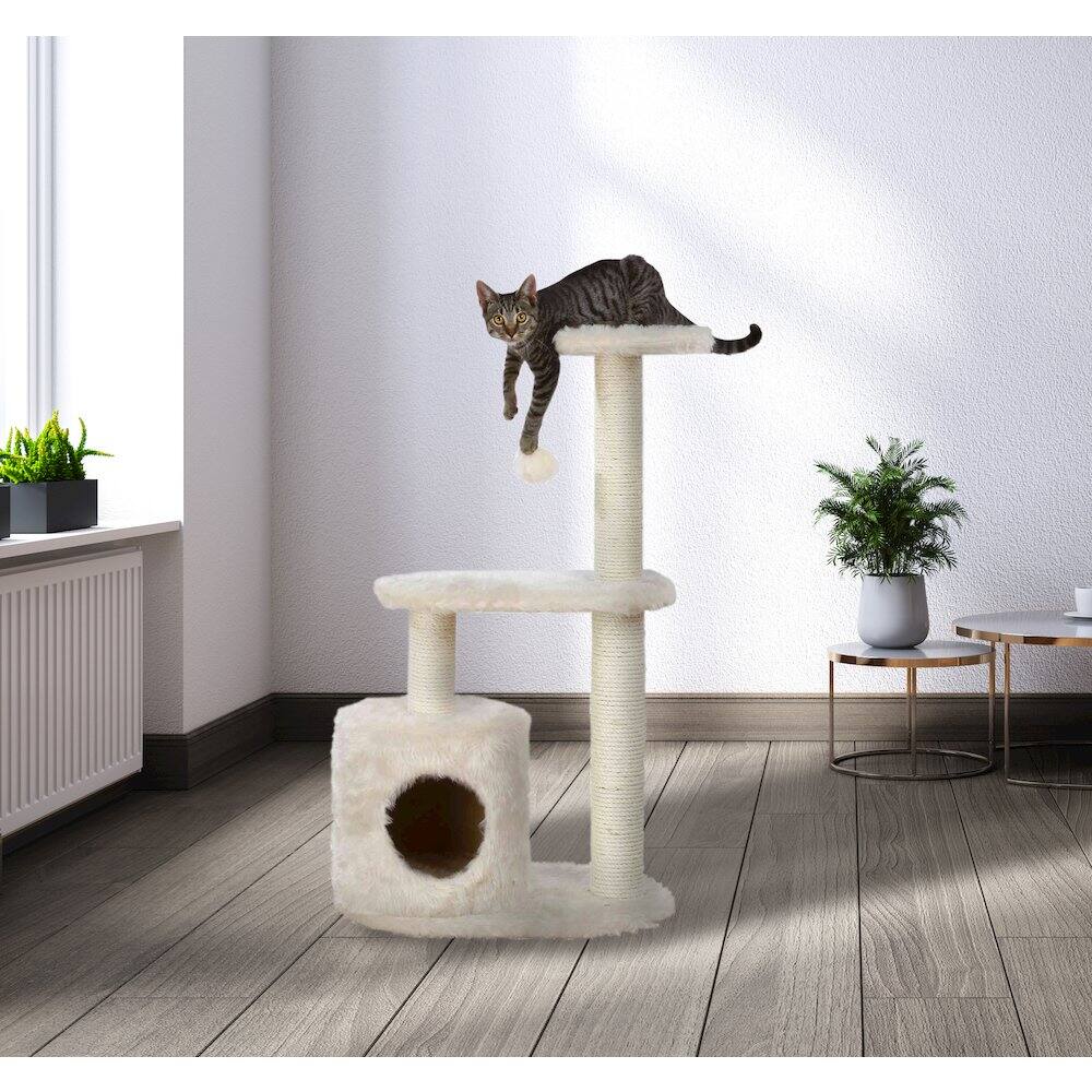 Angle. TRIXIE - Casta Plush & Sisal 3-Level Cat Tree with Scratching Posts & Condo - Cream.