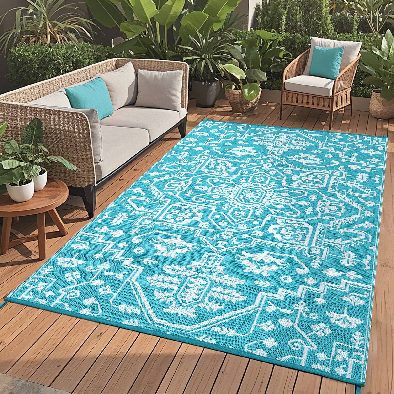 Alt View 2. Homhougo - Large 9'x12' Waterproof Outdoor Rug, Reversible Patio Carpet, UV-Resistant, Light Blue - Light blue/white.