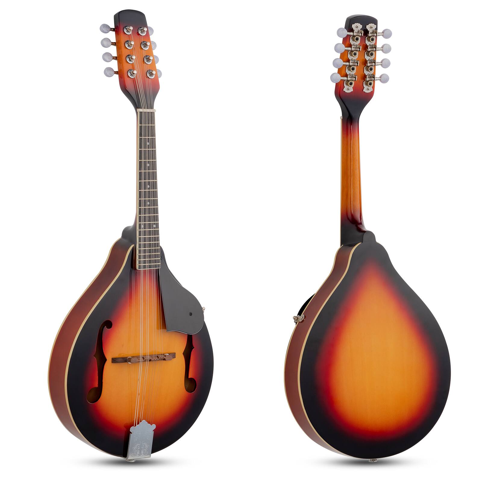 Angle. Winado - A-Style Mandolin, 8 Strings Acoustic Mahogany Wood, Sunburst Thickened Gig Bag, Shoulder Strap, Picks Included.