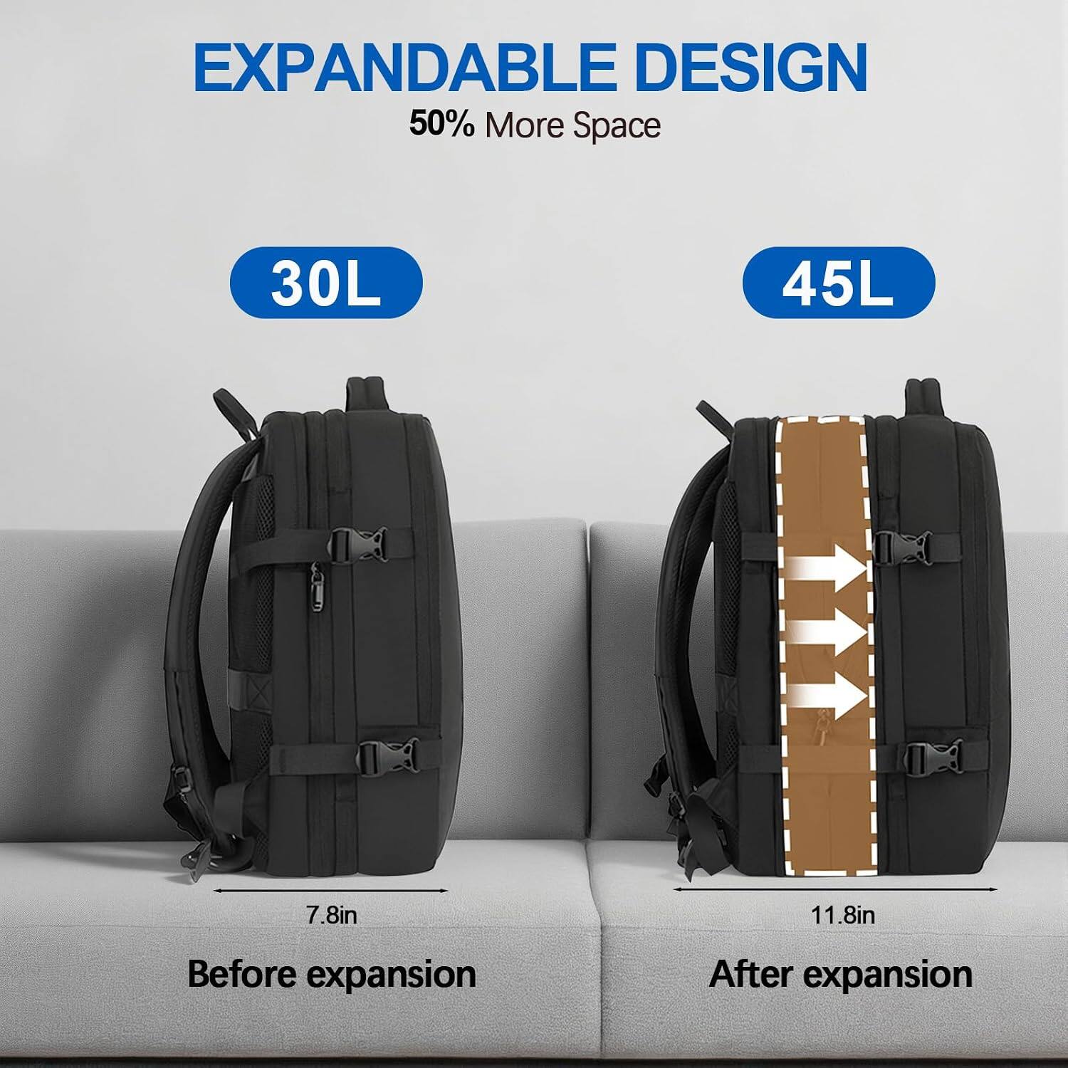 EXPANDABLE DESIGN  
50% More Space  
30L 45L  
7.8in 11.8in  
Before expansion After expansion