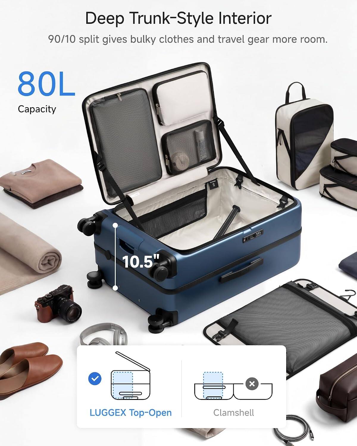 Deep Trunk-Style Interior  
90/10 split gives bulky clothes and travel gear more room.  
80L Capacity  
10.5" x LUGGEX Top-Open Clamshell