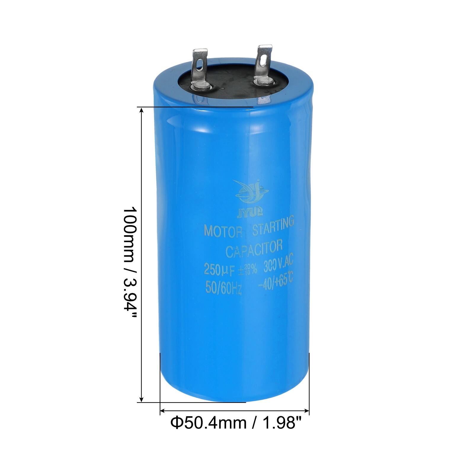 100mm / 3.94" JYUR MOTOR STARTING CAPACITOR 250μF 78% 300V.AC 50/60Hz -40/+65°C 50.4mm / 1.98" / 1.98"
