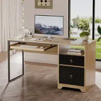Bestier 55-Inch Gaming Desk with Keyboard Tray Modern Computer Desk with Storage File Drawer Fluted Panel 2 Hooks - Natual Oak - Front_Zoom