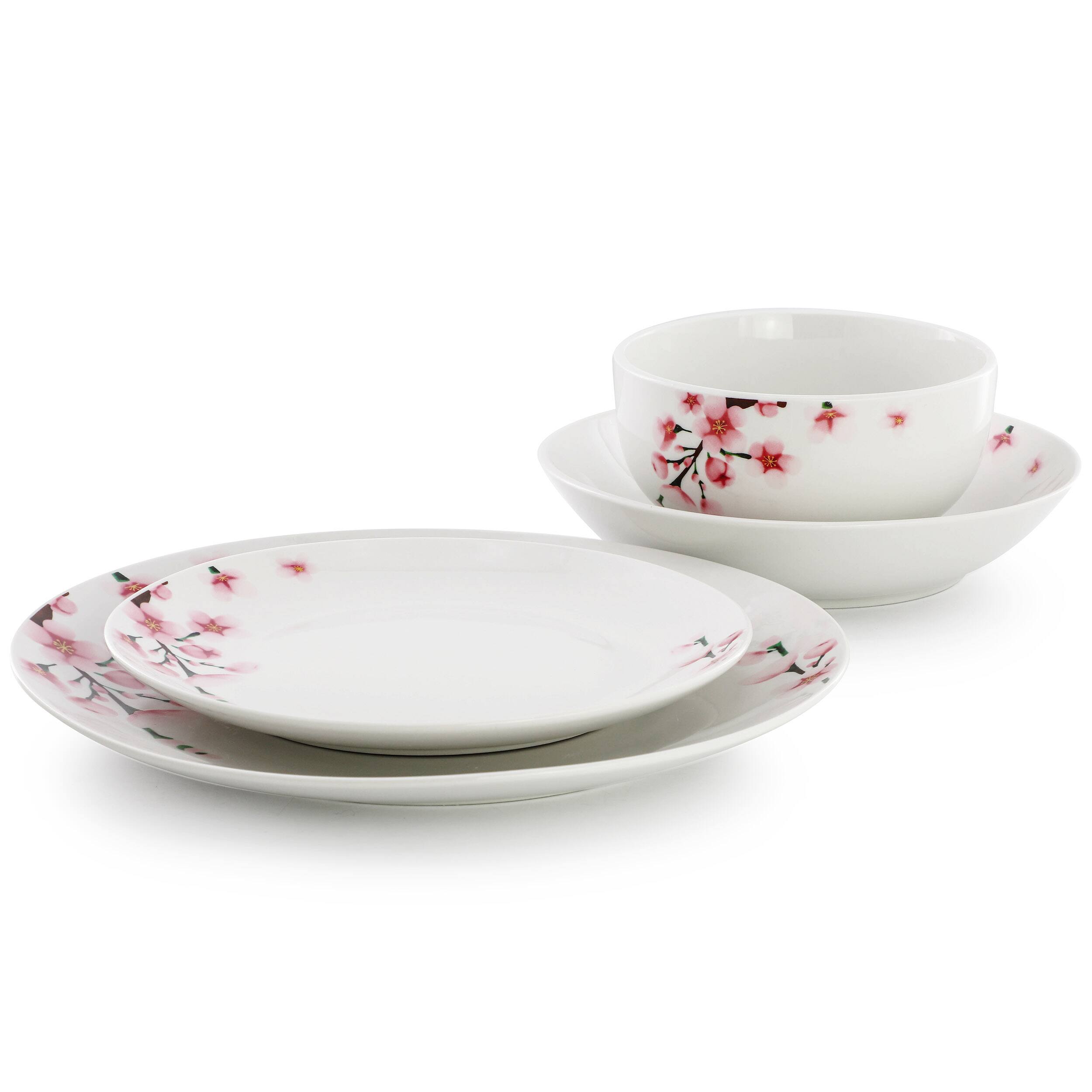 Angle. Elama - Elama Tamara 16 Piece Cherry Blossom Porcelain Double Bowl Dinnerware Set, Service for 4 in White and Pink - White and Pink.