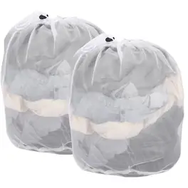 Unique Bargains - Practical 2pcs Mesh Laundry Bag 19.7x15.7 Inch Large Drawstring Net Thin Mesh for Washing Machine and Home Travel - White