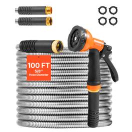 VEVOR - Metal Garden Hose 100 ft, Rust Proof Water Hose, Heavy Duty Backyard Hose with 10 Function Nozzle - Stainless Steel