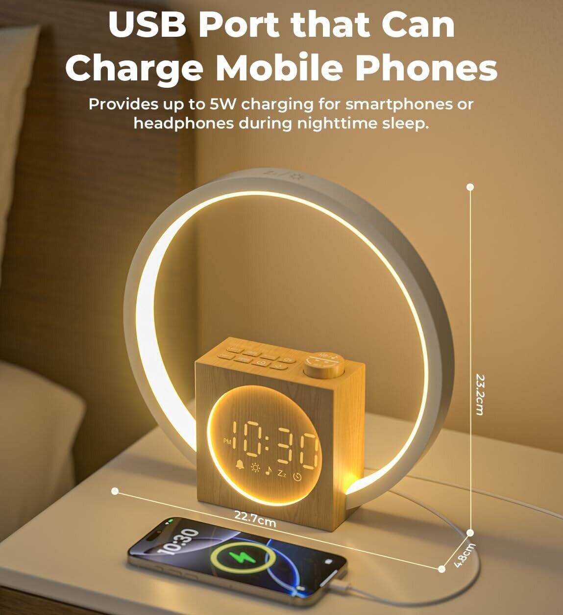 USB Port that Can Charge Mobile Phones  
Provides up to 5W charging for smartphones or headphones during nighttime sleep.  

PM 10:30 Zz  

22.7cm  
23.2cm  
4.8cm