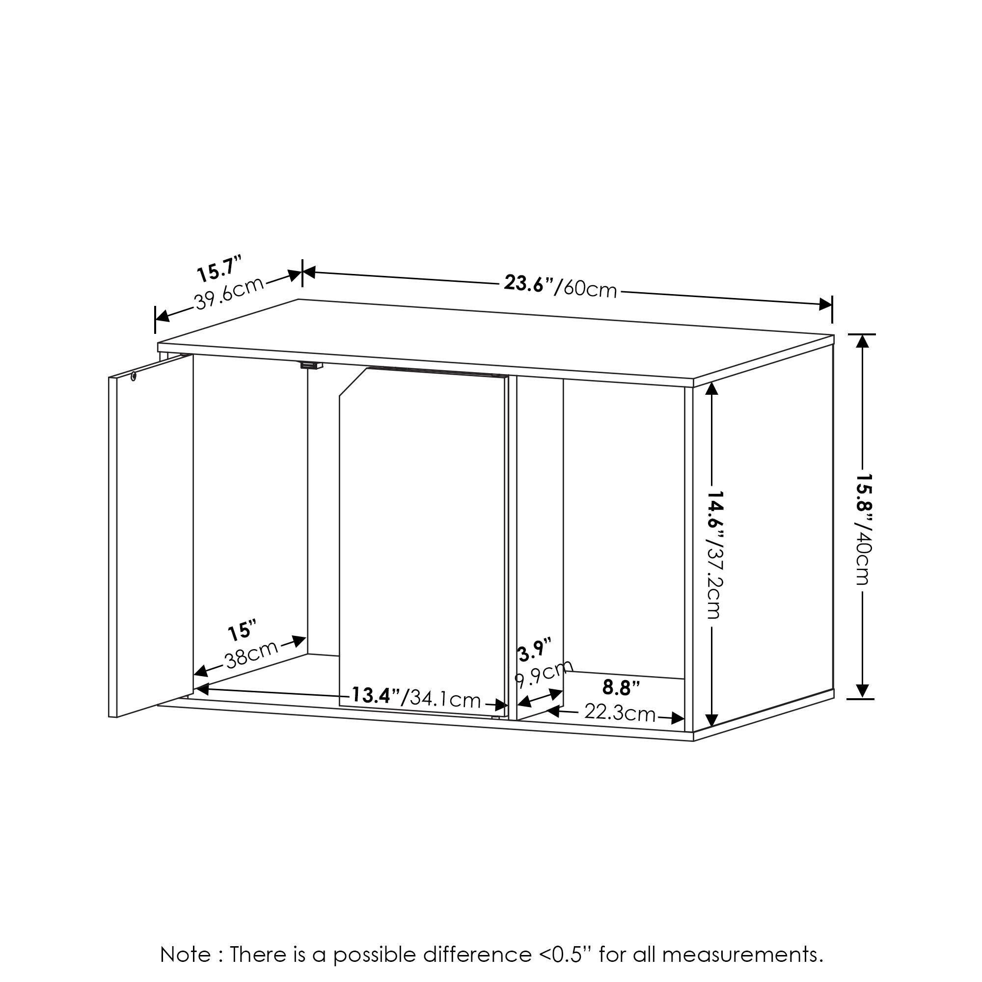 15.7" / 39.6cm  
23.6" / 60cm  
15" / 38cm  
13.4" / 34.1cm  
3.9" / 9.9cm  
8.8" / 22.3cm  
14.6" / 37.2cm  
15.8" / 40cm  

Note: There is a possible difference <0.5" for all measurements.