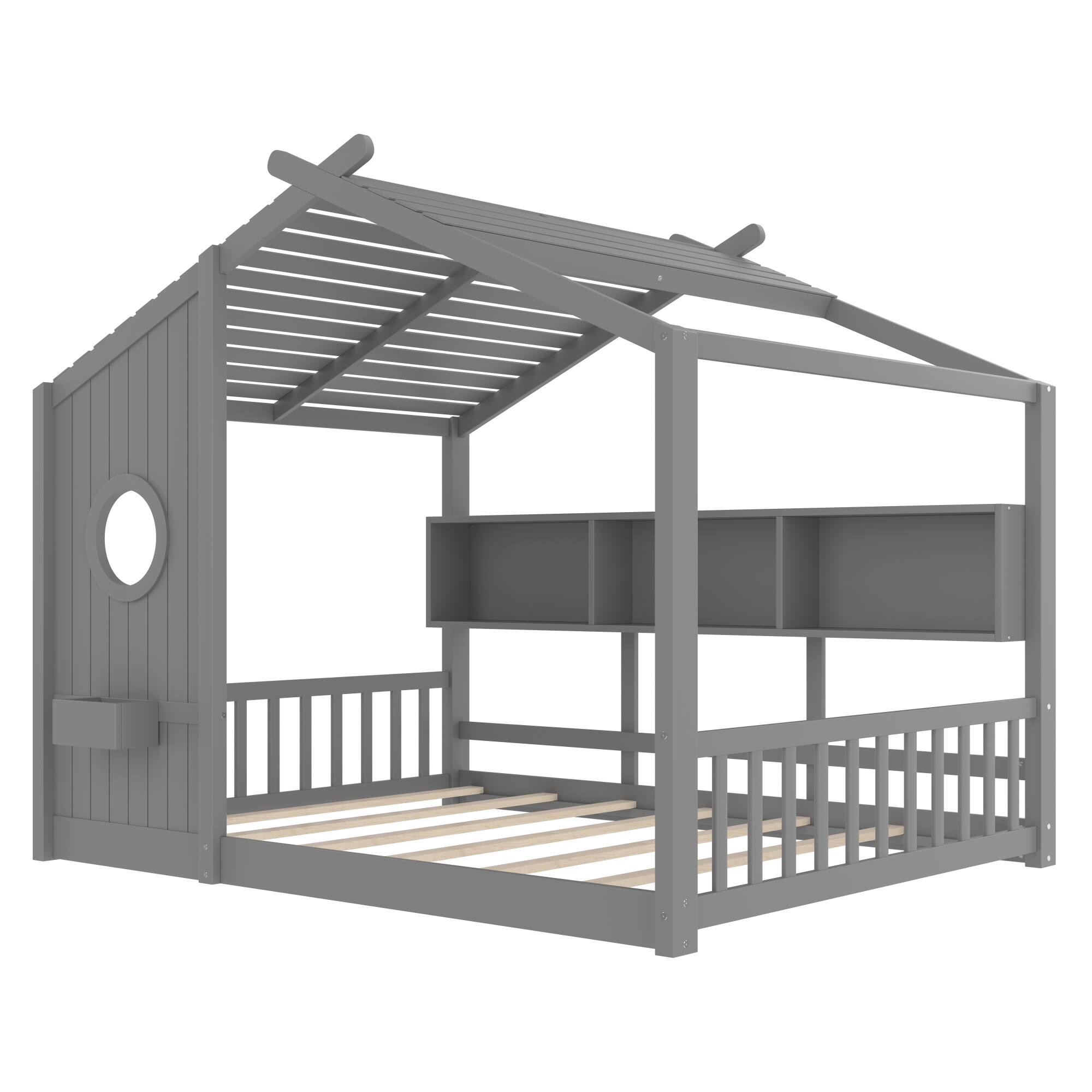 Alt View 2. GOODSILO - Montessori Floor House Bed for Toddlers with Storage Shelf and Playhouse Roof Design - Gray.