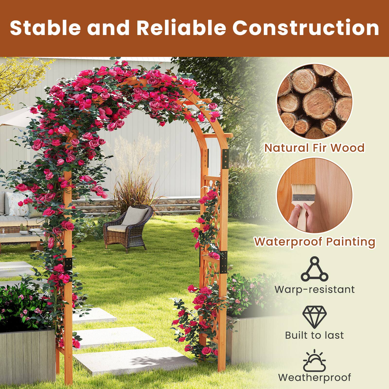 Stable and Reliable Construction

- Natural Fir Wood
- Waterproof Painting
- Warp-resistant
- Built to last
- Weatherproof