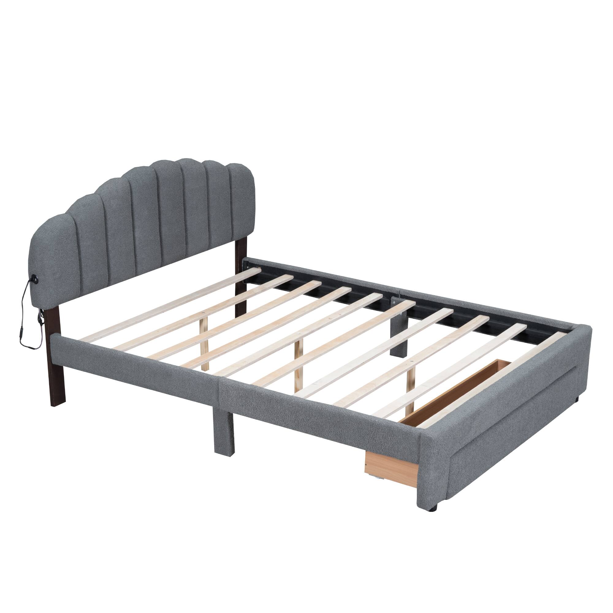 Back. Tiramisubest - Teddy Fleece Queen Size Upholstered Platform Bed with Drawer, Gray - Gray.
