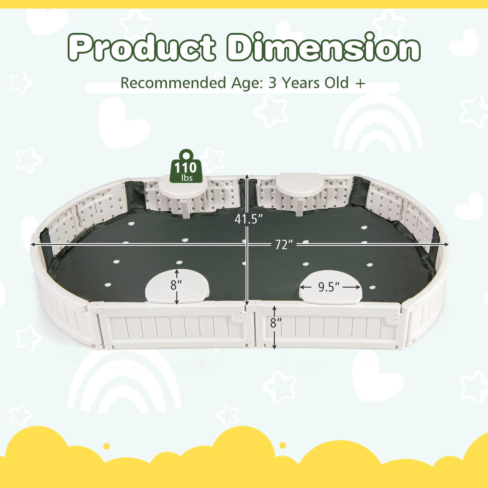 Product Dimension  
Recommended Age: 3 Years Old +  

110 lbs  
41.5"  
72"  
8"  
9.5"  
8"