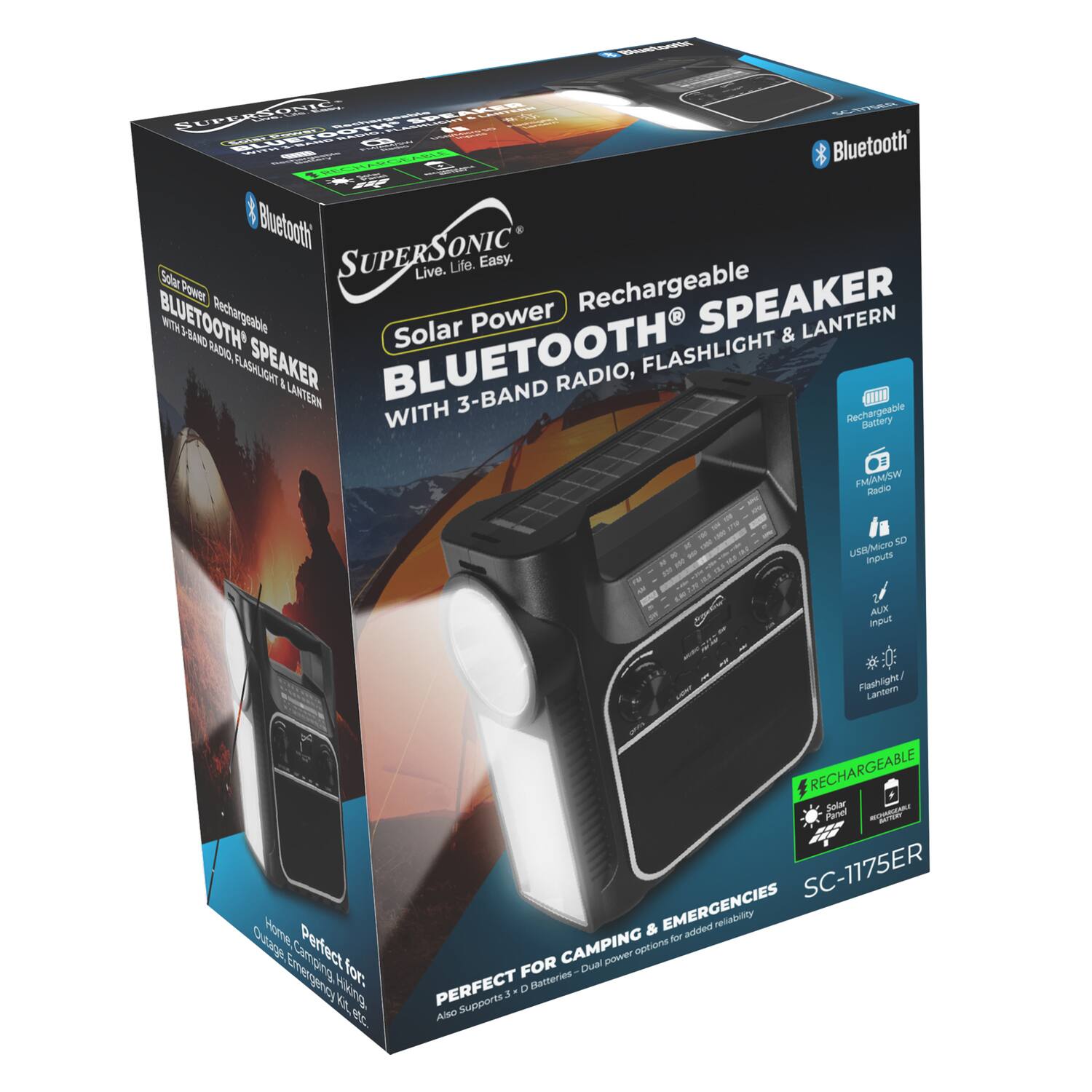 SUPERSOONIC  
Live. Life. Easy.  
Solar Power Rechargeable  
BLUETOOTH® SPEAKER  
WITH 3-BAND RADIO, FLASHLIGHT & LANTERN  

- Bluetooth®  
- Rechargeable Battery  
- USB Input  
- AUX Input  
- FM Radio  
- SD Card Slot  
- Flashlight / Lantern  

Perfect for:  
- Home  
- Camping  
- Emergencies  
- Hiking  

Also Supports:  
- 3.5mm Audio Input  

SC-1175ER  

PERFECT FOR CAMPING & EMERGENCIES  
Dual power options for added reliability