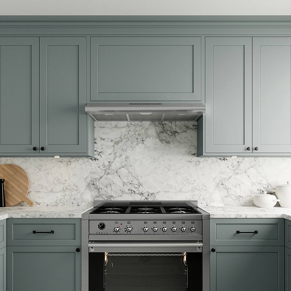 Left. Streamline - 36 in. Chieti Ducted Undermount 80 CFM Range Hood, Mesh Filters, Push Button Control, LED Light - Brushed Stainless Steel.