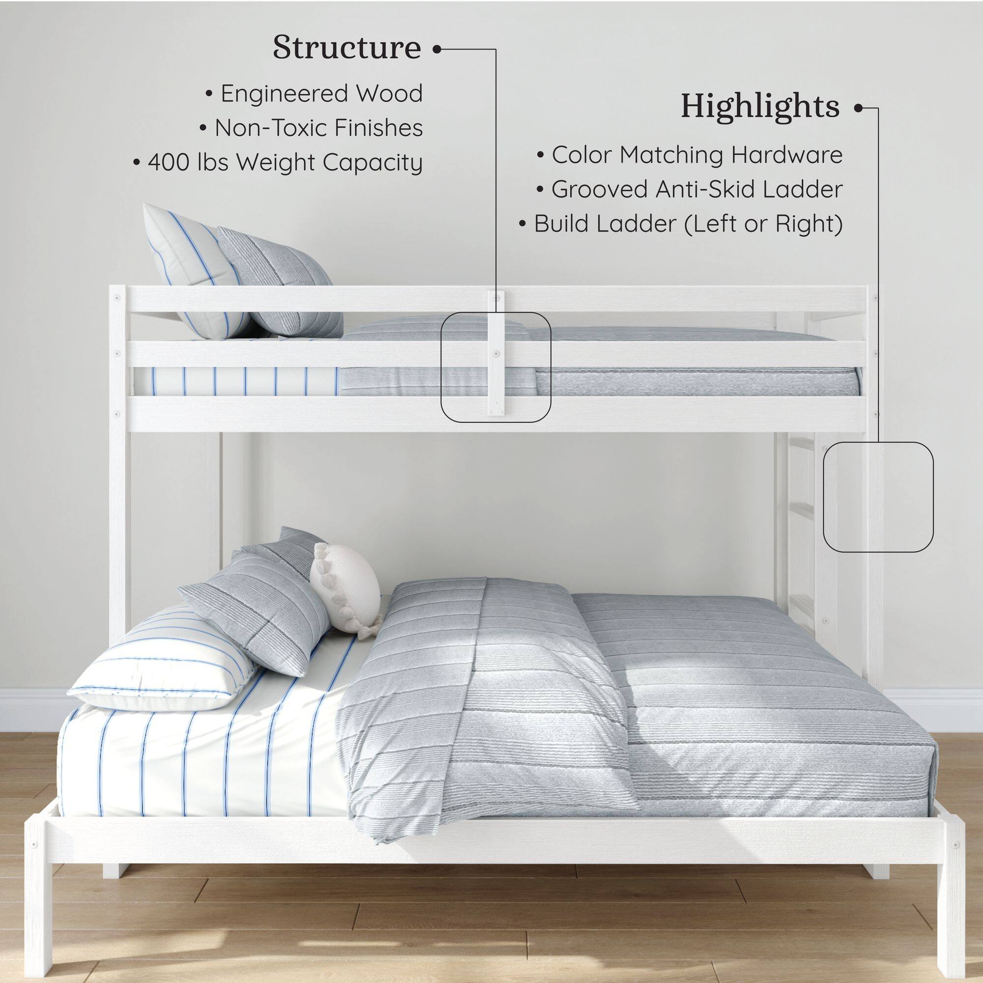Structure  
- Engineered Wood  
- Non-Toxic Finishes  
- 400 lbs Weight Capacity  

Highlights  
- Color Matching Hardware  
- Grooved Anti-Skid Ladder  
- Build Ladder (Left or Right)