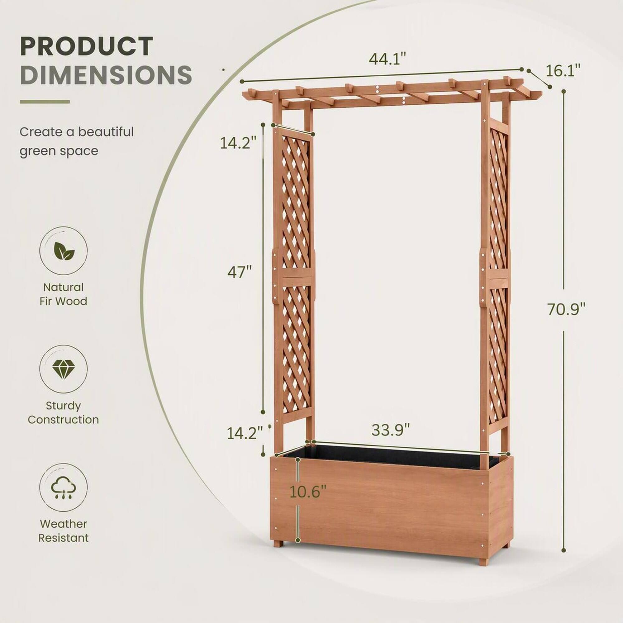 PRODUCT DIMENSIONS

44.1"
16.1"
14.2"
47"
70.9"
14.2"
33.9"
10.6"

Create a beautiful green space

Natural Fir Wood

Sturdy Construction

Weather Resistant