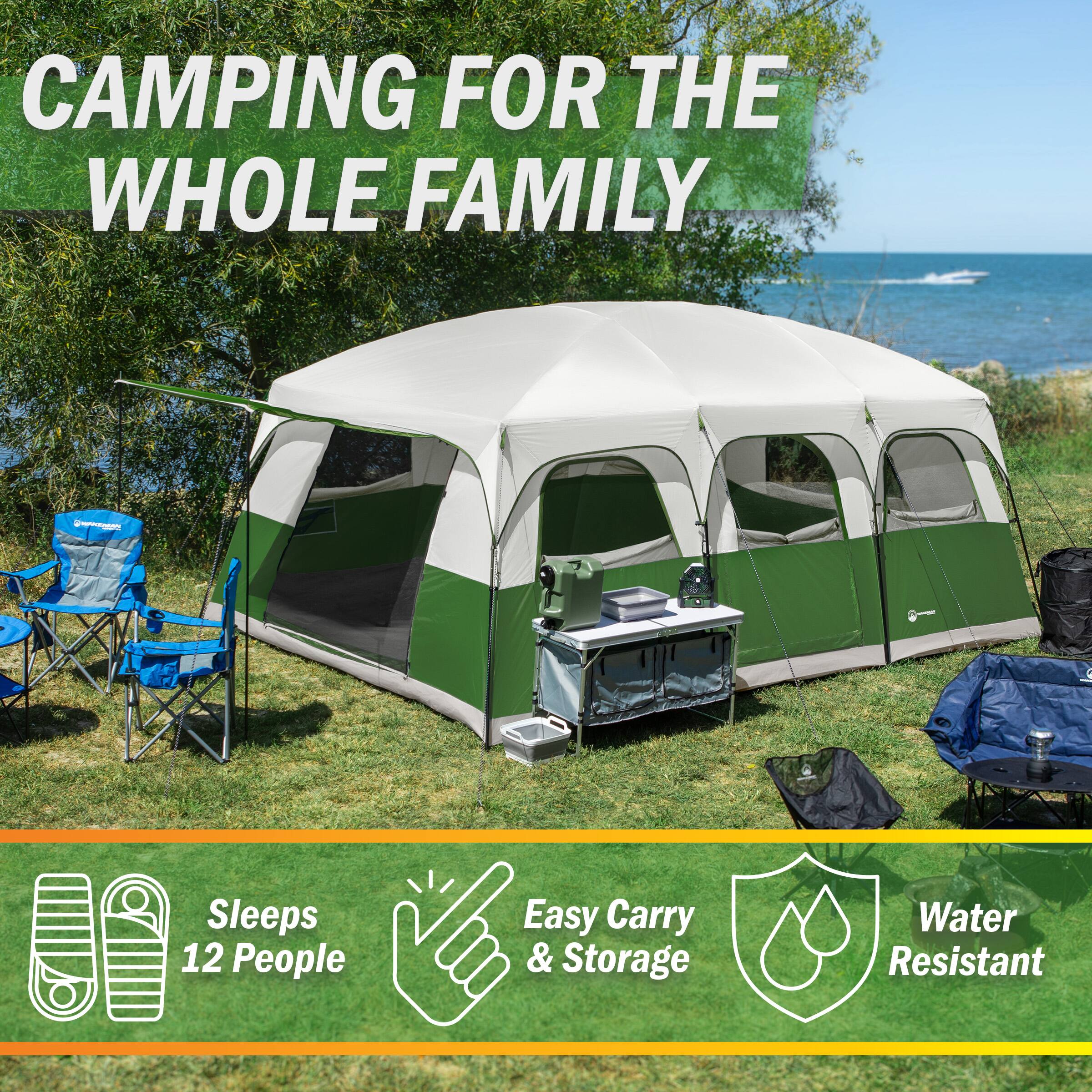 CAMPING FOR THE WHOLE FAMILY

- Sleeps 12 People
- Easy Carry & Storage
- Water Resistant