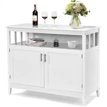 Front. Hivvago - White Wood 2-Door Dining Buffet Sideboard Cabinet with Open Storage Shelf - White.