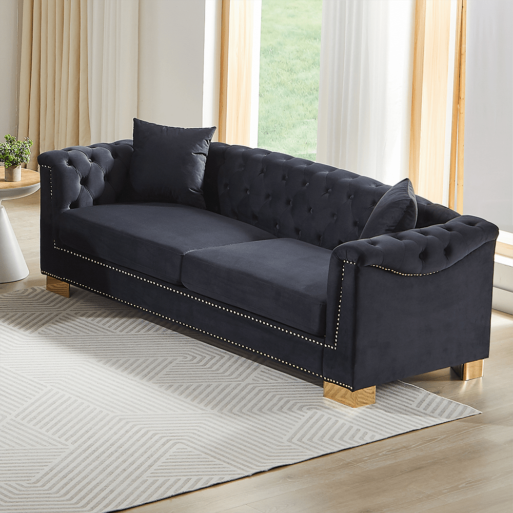 Angle. Trinkets Crazed - 84" Chesterfield Classic 3 Seater,Mid Century Modern Velvet Cloud Loveseat Sofa Couch With Roll Arm Nailhead Trim - Black.