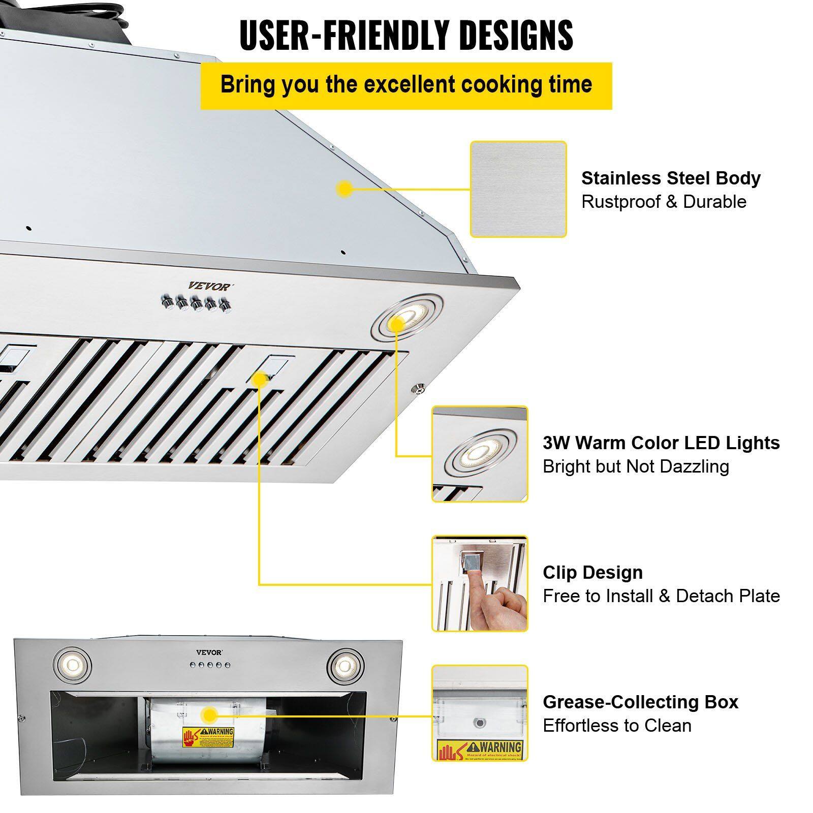 USER-FRIENDLY DESIGNS  
Bring you the excellent cooking time  

- Stainless Steel Body  
  Rustproof & Durable  

- 3W Warm Color LED Lights  
  Bright but Not Dazzling  

- Clip Design  
  Free to Install & Detach Plate  

- Grease-Collecting Box  
  Effortless to Clean  

WARNING
