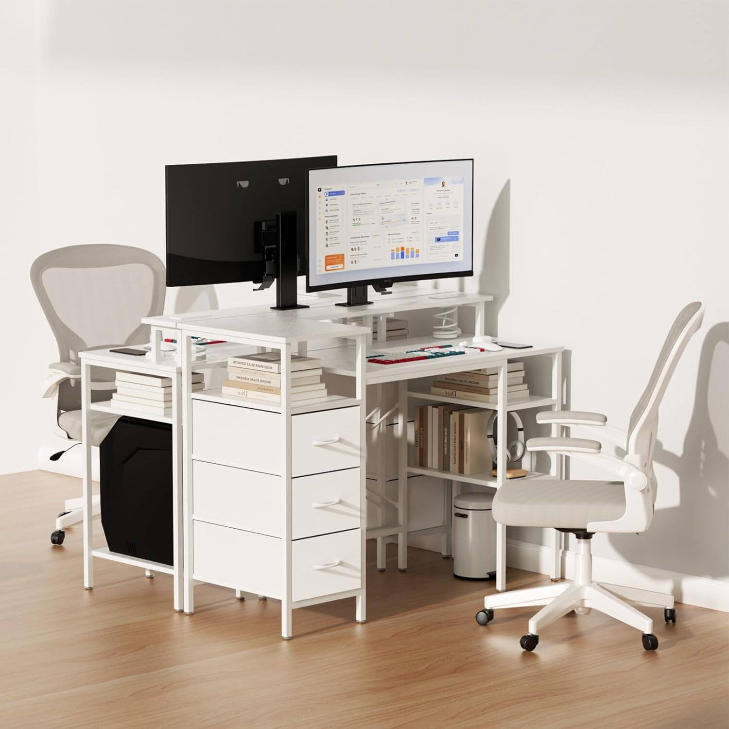 Alt View 8. Winado - 47" L-Shaped Computer Gaming Desk with Fabric Drawers & Storage Shelves,Charging Station,Monitor Stand for Home Office - White.