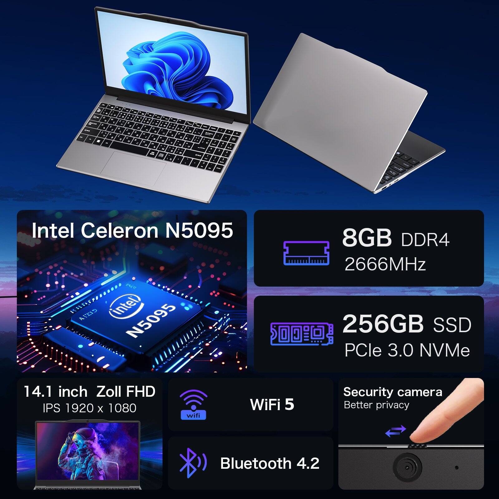 Intel Celeron N5095  
8GB DDR4 2666MHz  
256GB SSD PCIe 3.0 NVMe  
14.1 inch Zoll FHD IPS 1920 x 1080  
WiFi 5  
Bluetooth 4.2  
Security camera  
Better privacy