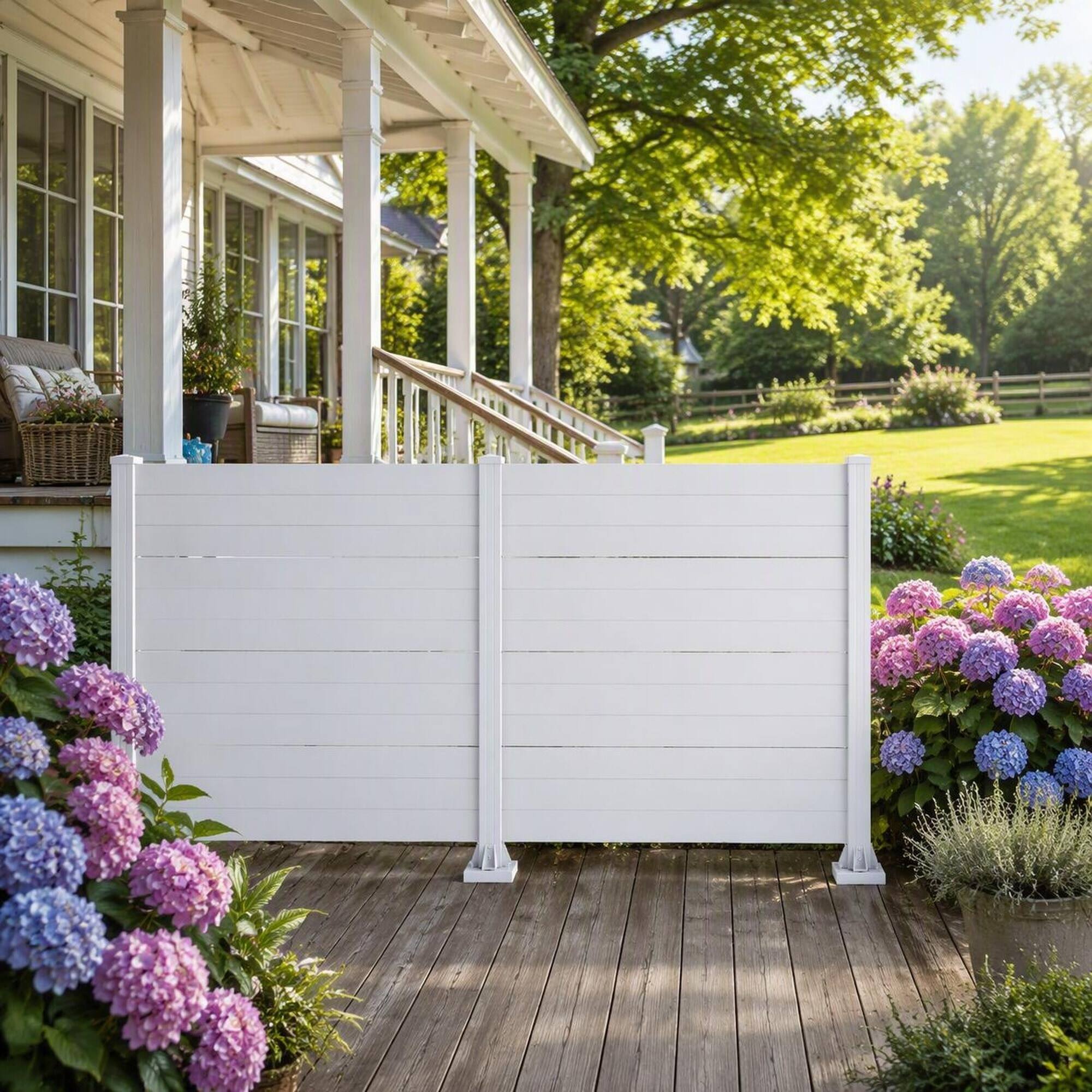 Left. RYHNUYNE - 2-Panel Outdoor Privacy Screen in White with Aluminum Posts for Air Conditioner, Trash Can, or Garden Enclosure - White.
