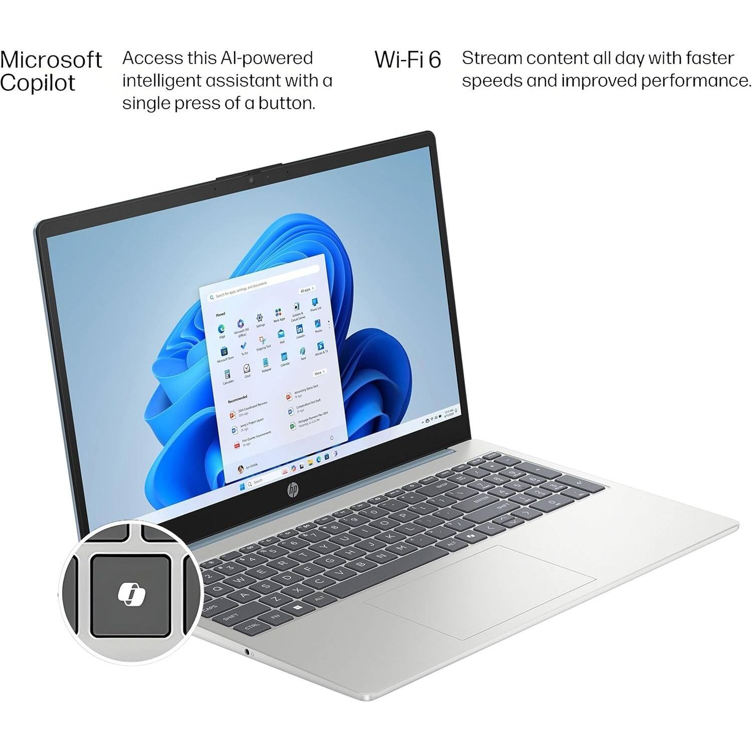 Microsoft Copilot  
Access this AI-powered intelligent assistant with a single press of a button.

Wi-Fi 6  
Stream content all day with faster speeds and improved performance.