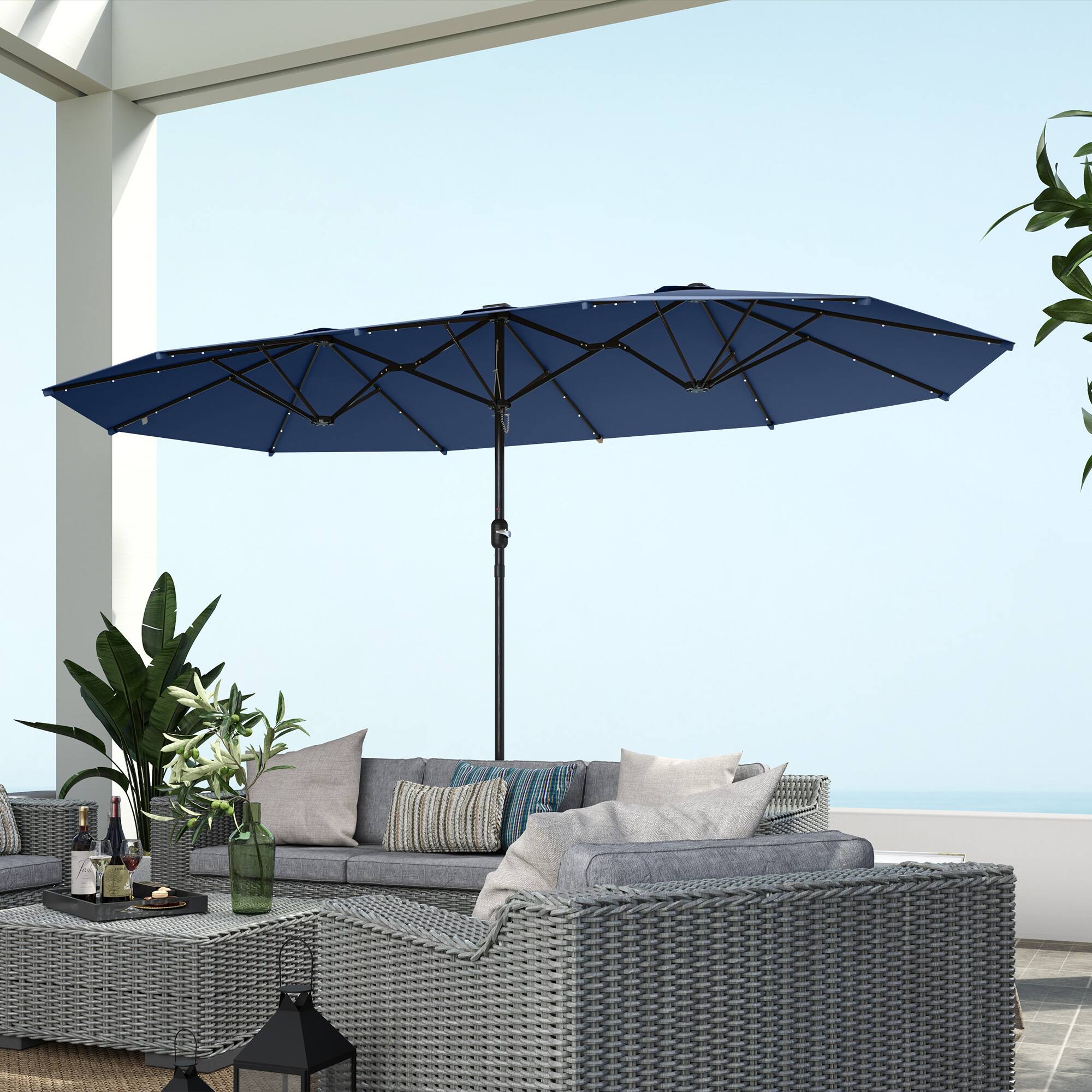 Alt View 8. Outsunny - 14.4ft Double Umbrella, Large Outdoor Patio Umbrella with Base Included, Patio Sun Shade with LED Solar Light - Navy Blue.