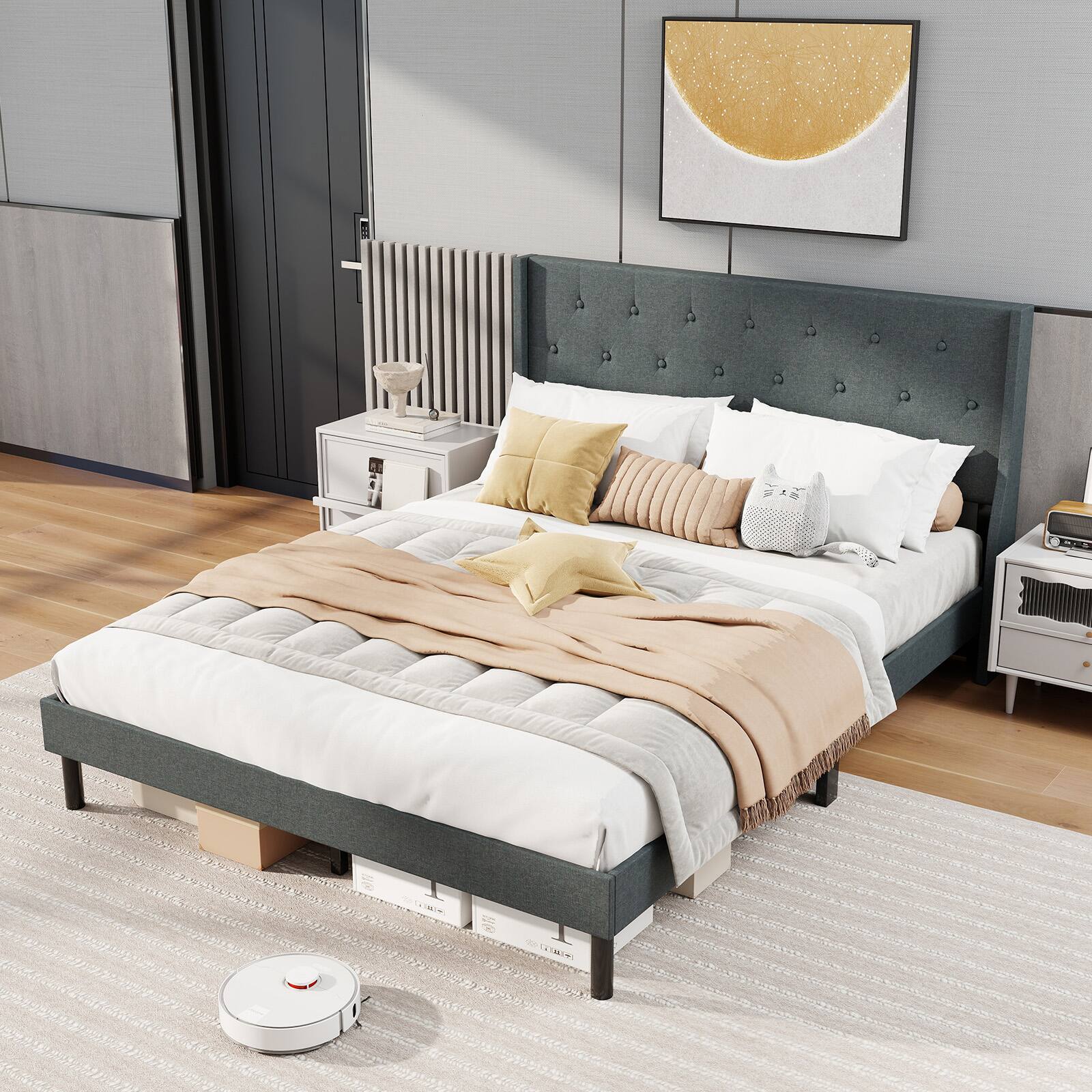 Angle. LUCKY ONE - Queen Assembled Upholstered Bed Frame with Button Tufted Wingback Headboard Wooden Slats 800 lbs - Dark Gray.