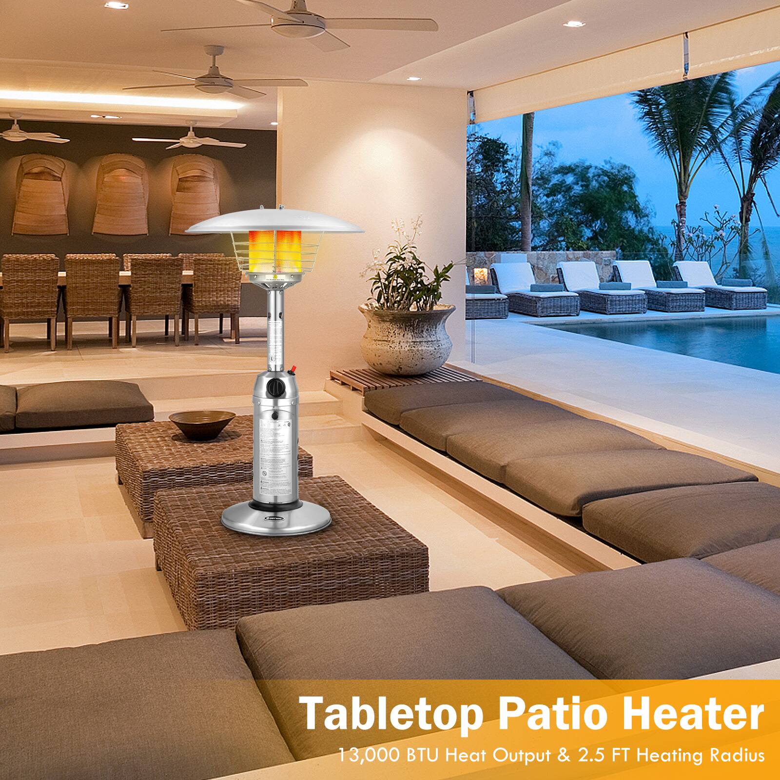 Tabletop Patio Heater  
13,000 BTU Heat Output & 2.5 FT Heating Radius