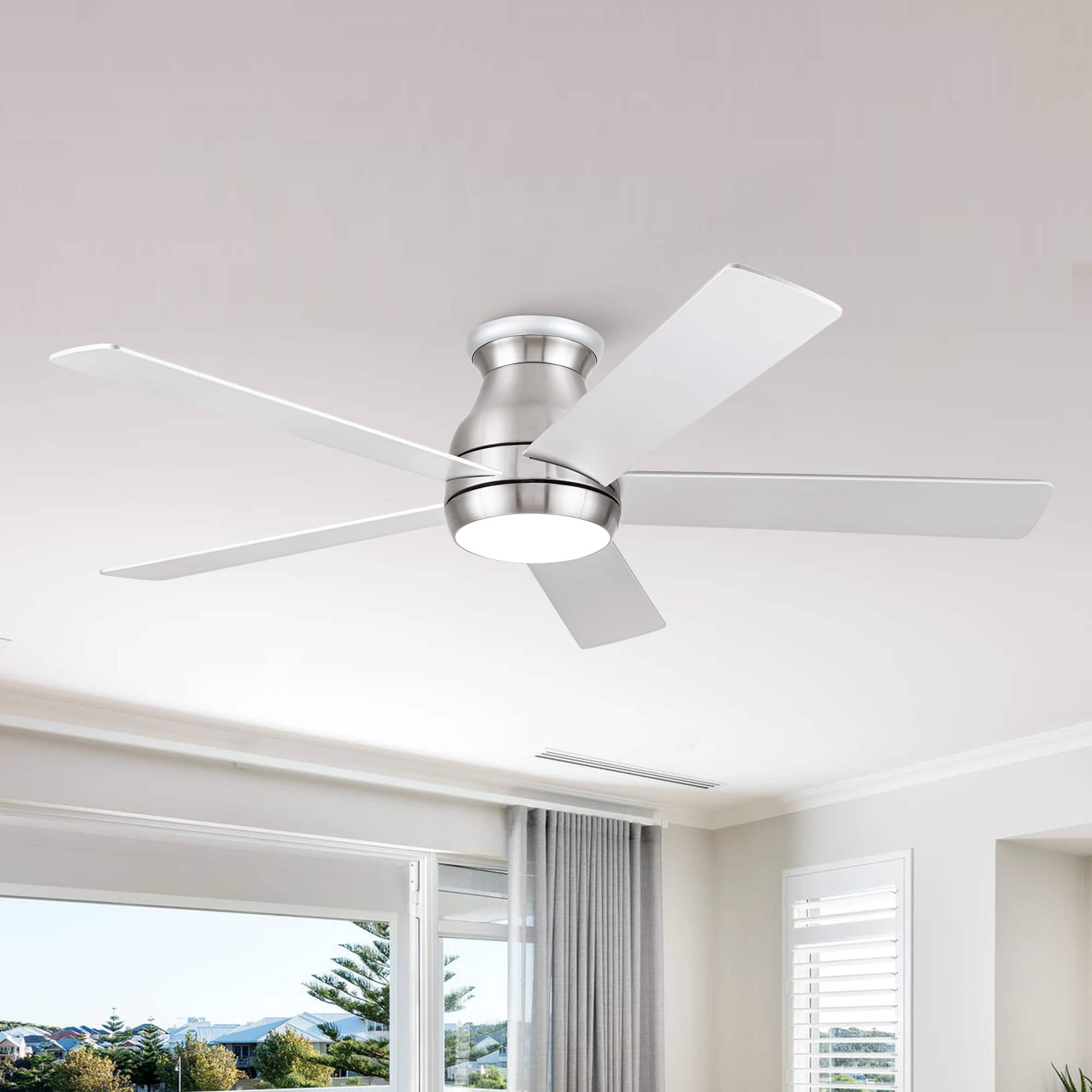 Sofucor - 52'' Brushed Ceiling Fans with Lights and Remote & Integrated LED Flush Mount Ceiling Fan Quiet for Bedroom Patio - Nickel