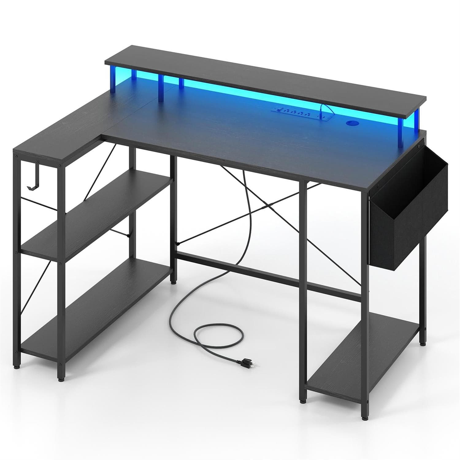 Pefilos - L-Shaped Gaming Desk - with Charging Station Storage Bag, with Power Outlets & LED Lights - Black