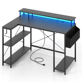 Pefilos - L-Shaped Gaming Desk - with Charging Station Storage Bag, with Power Outlets & LED Lights - Black