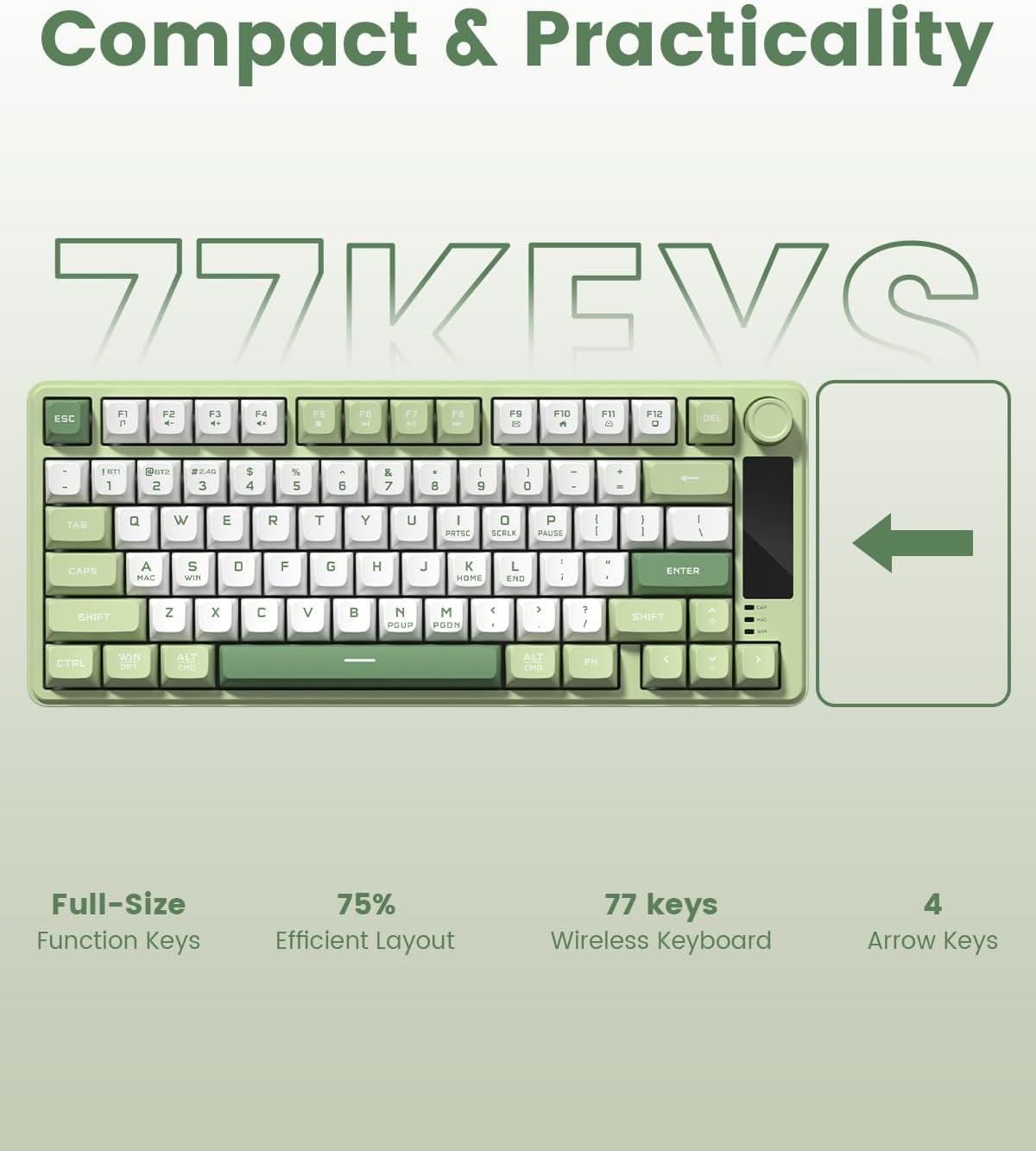 Compact & Practicality

77KEYS

Full-Size Function Keys

75% Efficient Layout

77 keys Wireless Keyboard

4 Arrow Keys