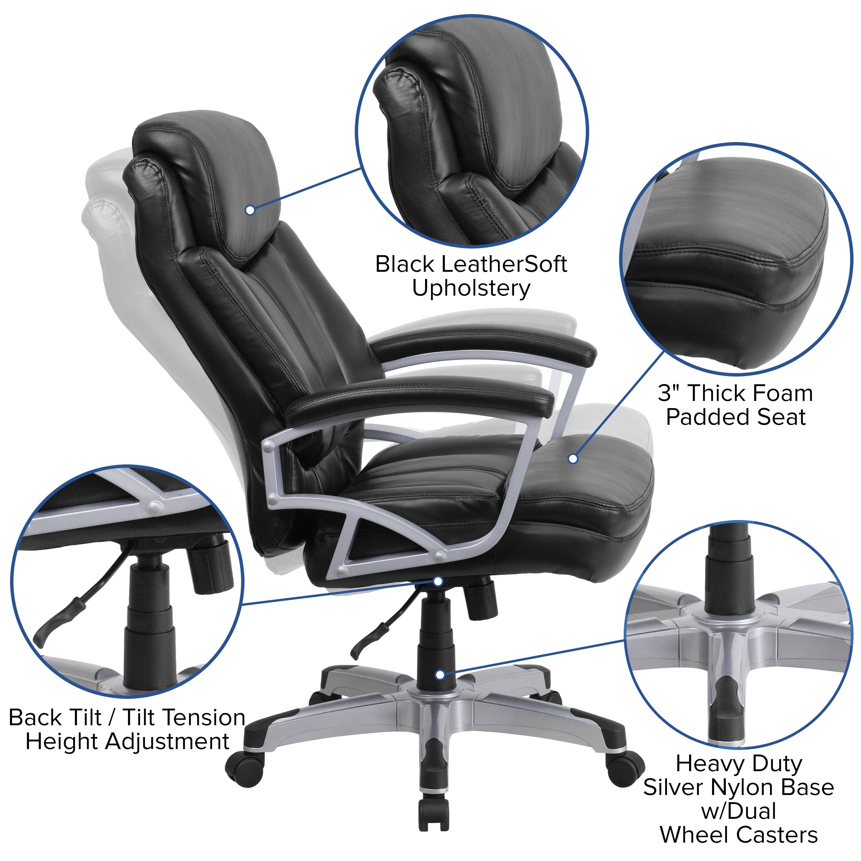 Black LeatherSoft Upholstery  
3" Thick Foam Padded Seat  
Back Tilt / Tilt Tension Height Adjustment  
Heavy Duty Silver Nylon Base w/Dual Wheel Casters