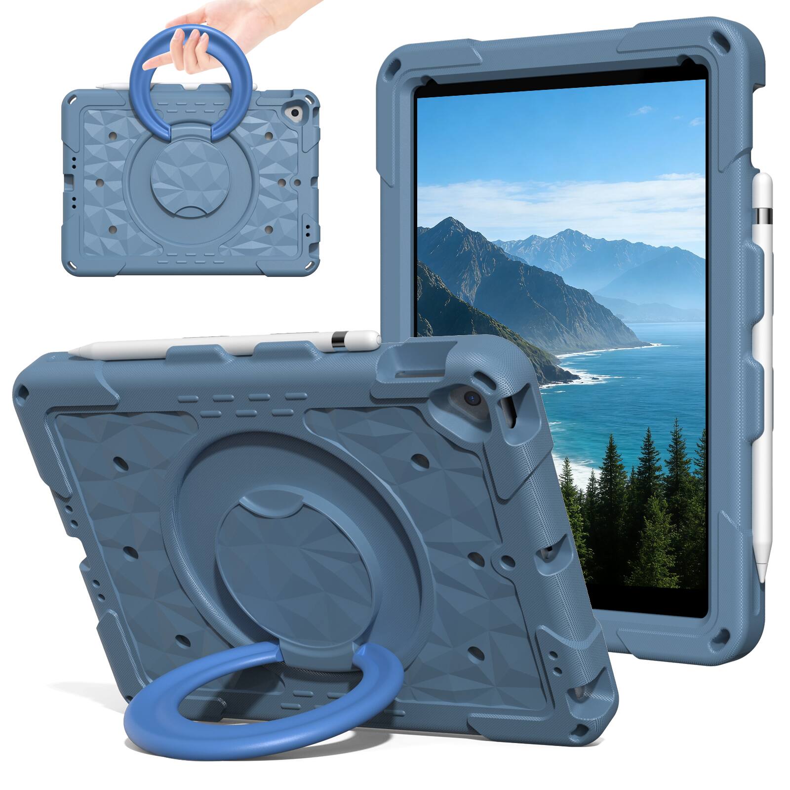 Angle. UUCOVER - Kids Case for iPad 9th/8th/7th Generation 10.2 inch Shockproof EVA Handle Stand Cover with Shoulder Strap - Gray Blue.