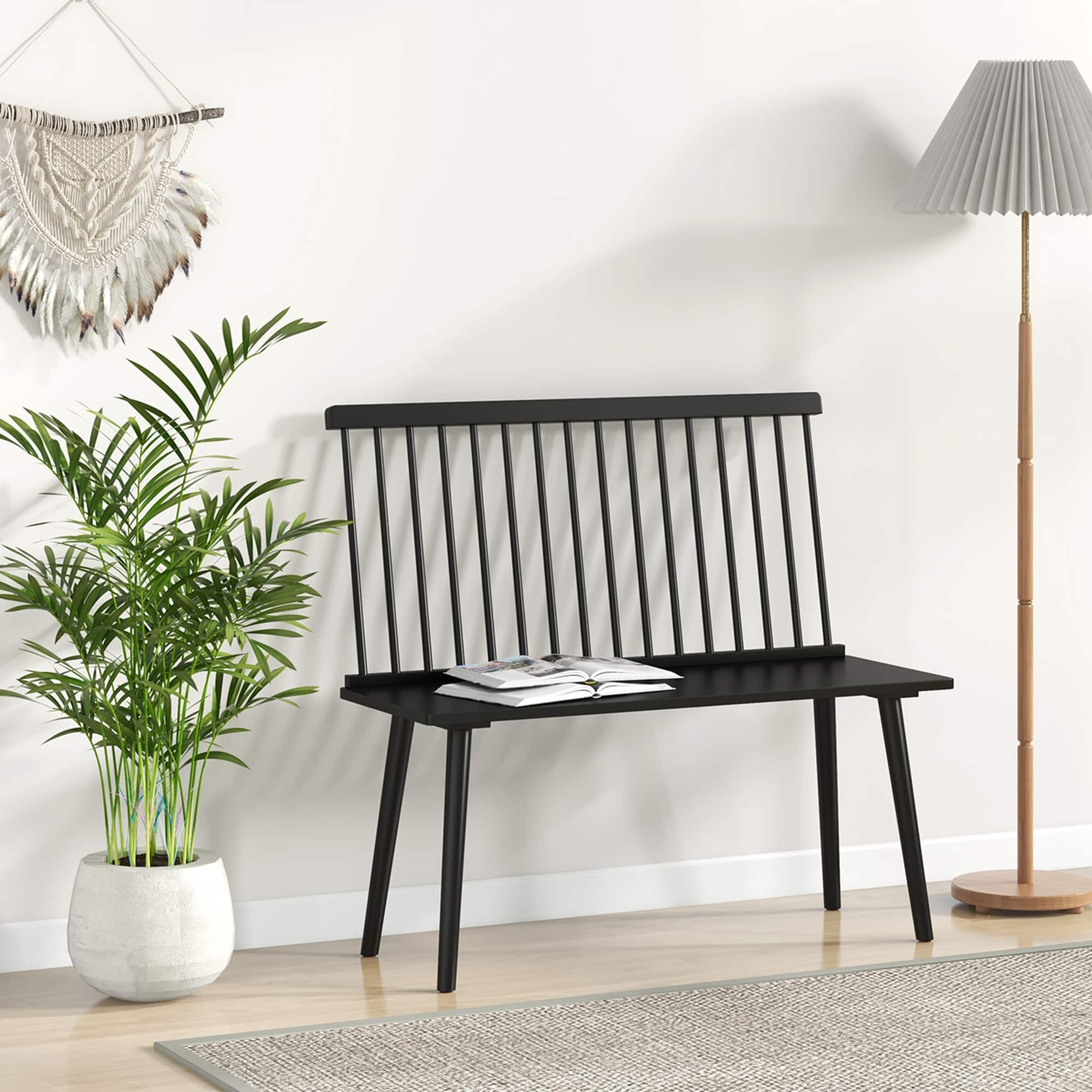 Angle. Costway - Entryway Bench for 2 Windsor Rubber Wood Dining Bench with Spindle Back Black - Black.