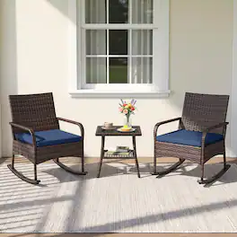 Costway - 3PCS PE Wicker Rocking Bistro Set with 2-Tier Side Table, Cushions & Armchairs - Mix Brown+Navy Blue