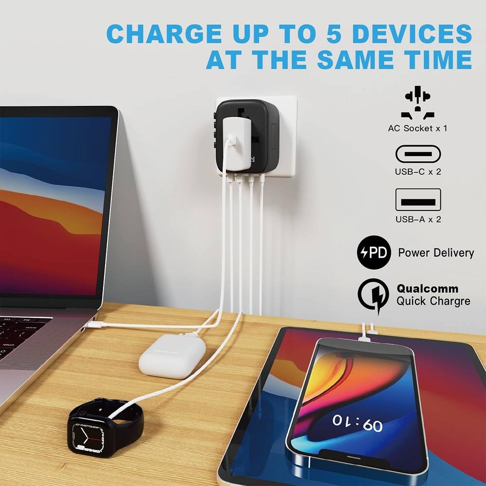 CHARGE UP TO 5 DEVICES AT THE SAME TIME

AC Socket x 1  
USB-C x 2  
USB-A x 2  

4PD Power Delivery  
Qualcomm Quick Charge