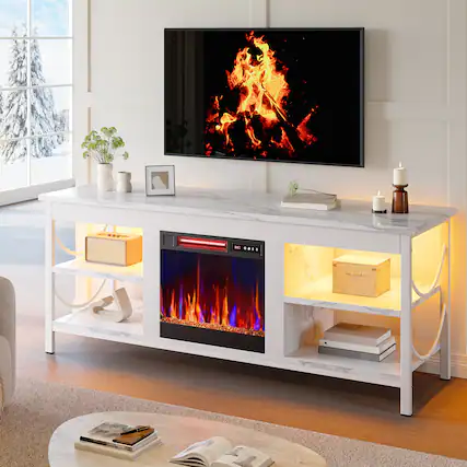 Front. Pinmoco - Pinmoco - Electric Fireplace TV Stand Fit for TVs up to 65 Inch Gaming Entertainment Center with Open Storage Shelves - White Marble.