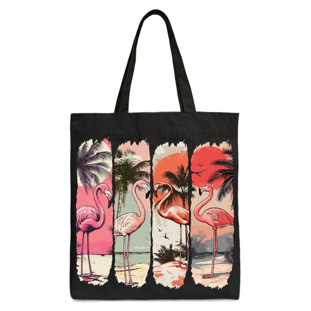 OrnamentallyYou - Summer Flamingo Beach Canvas Tote Bag, Retro Vacation Tropical Sunset Gift Shopper - Black