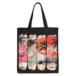 OrnamentallyYou - Summer Flamingo Beach Canvas Tote Bag, Retro Vacation Tropical Sunset Gift Shopper - Black