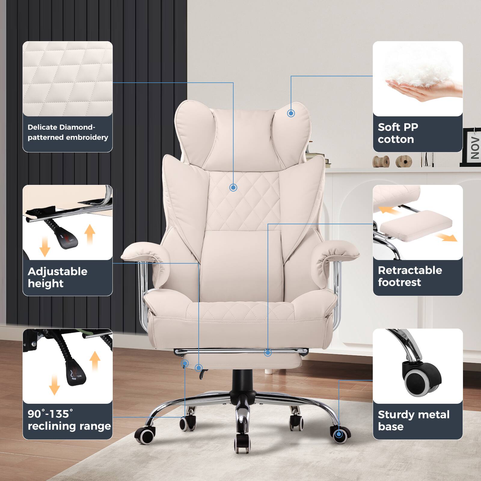 - Delicate Diamond-patterned embroidery
- Soft PP cotton
- Adjustable height
- Retractable footrest
- 90°-135° reclining range
- Sturdy metal base