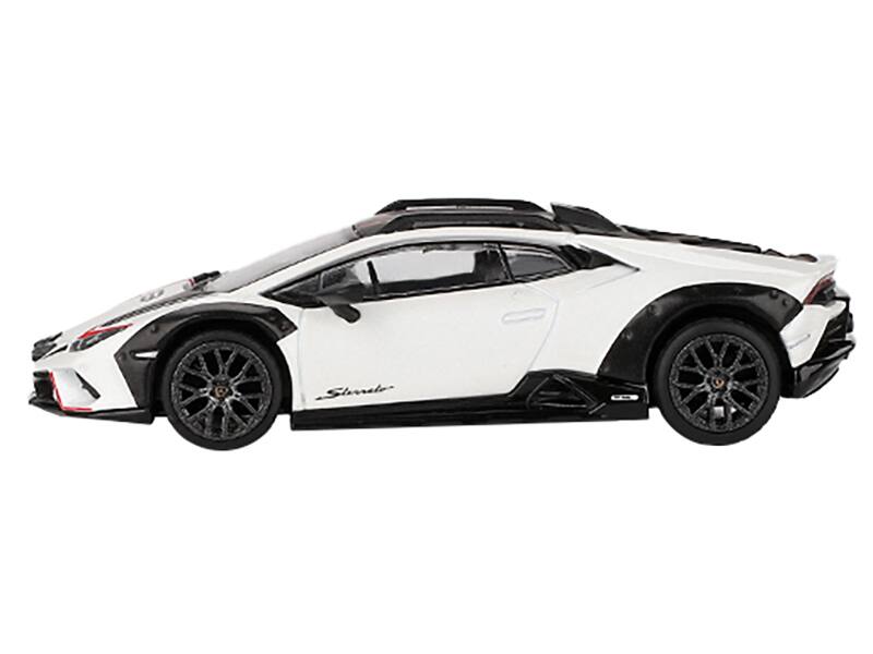Angle. Mini GT - Lamborghini Huracan Sterrato Bianco Asopo White Red Stripes Matt Black Top Limited Edition 1/64 - White, Red, Matt Black.