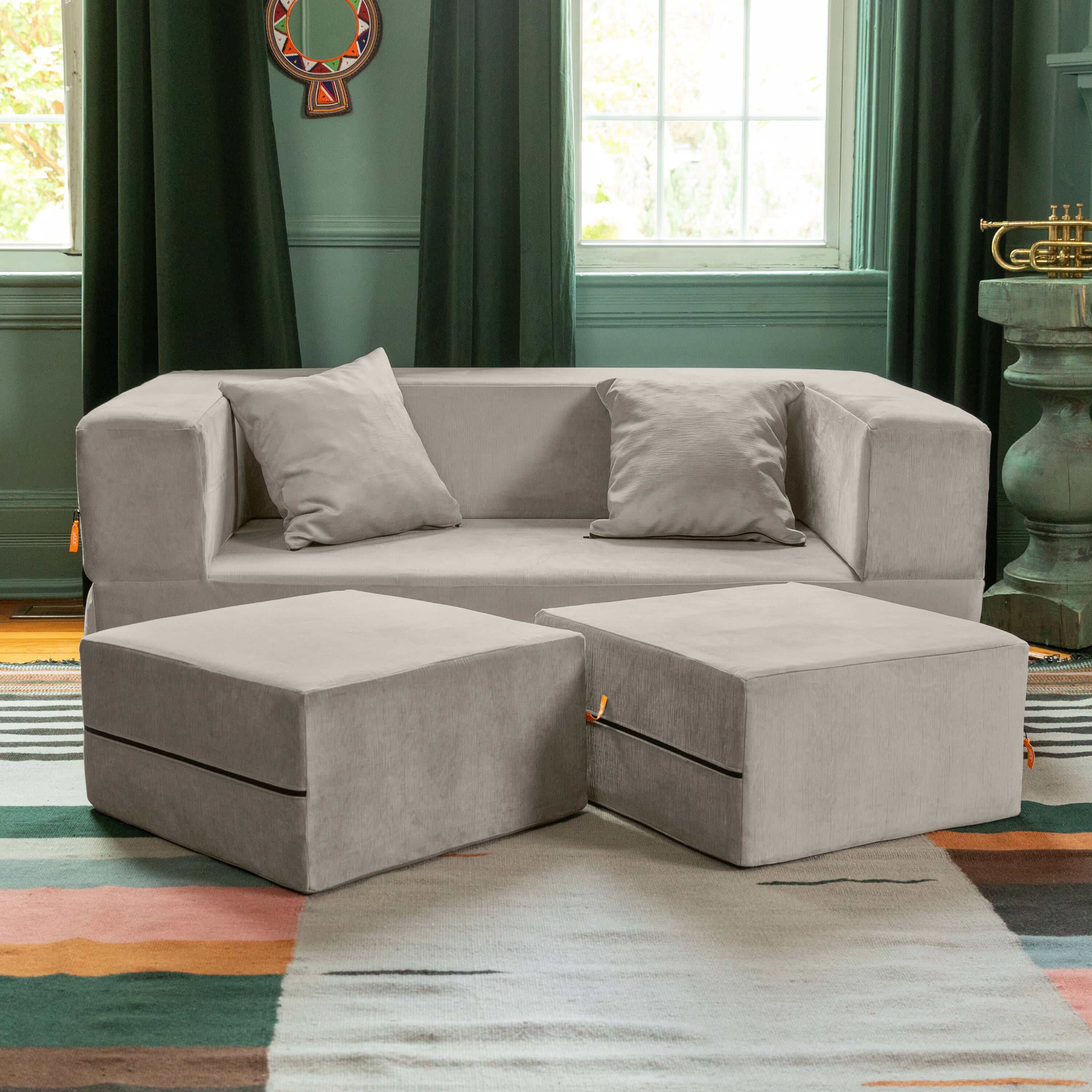 Alt View 1. Jaxx - Jaxx Zipline Convertible Sleeper Loveseat & Ottomans, Textured Microvelvet - Dove Grey - Pewter.
