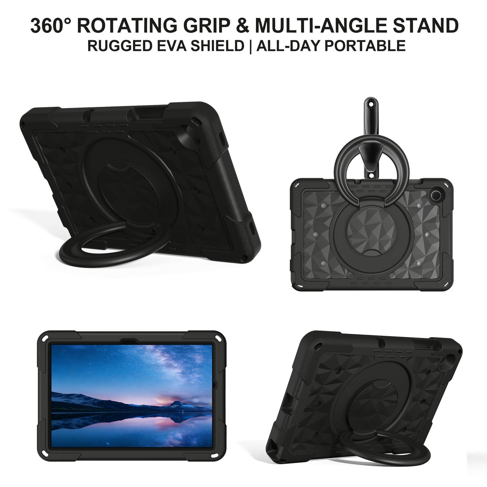 360° ROTATING GRIP & MULTI-ANGLE STAND  
RUGGED EVA SHIELD | ALL-DAY PORTABLE