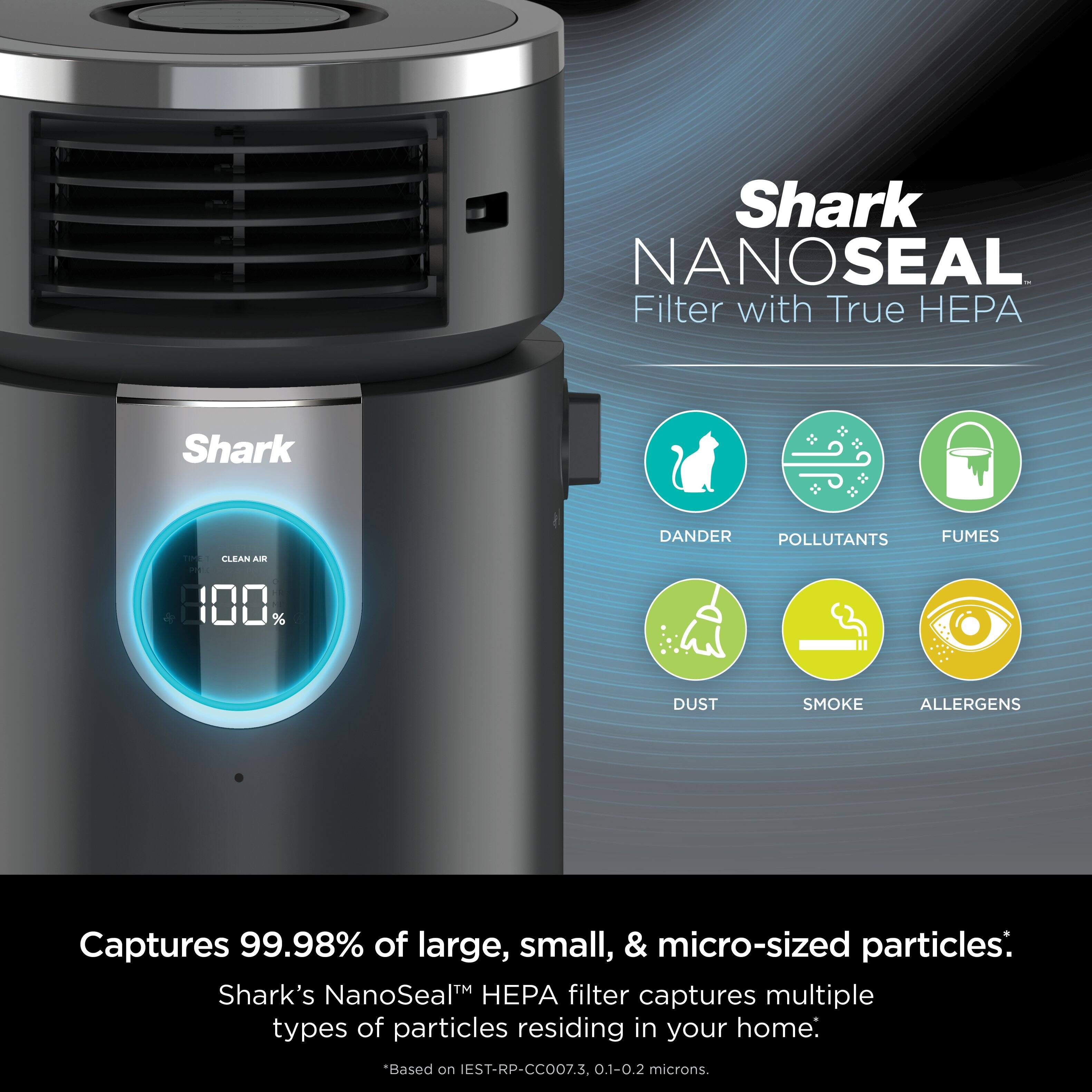 Shark NanoSeal Filter with True HEPA: Captures 99.98% of large, small, and micro-sized particles. Shark's NanoSeal HEPA filter captures multiple types of particles residing in your home. Based on EST-RP-CCO07.3. 0.1-0.2 microns.